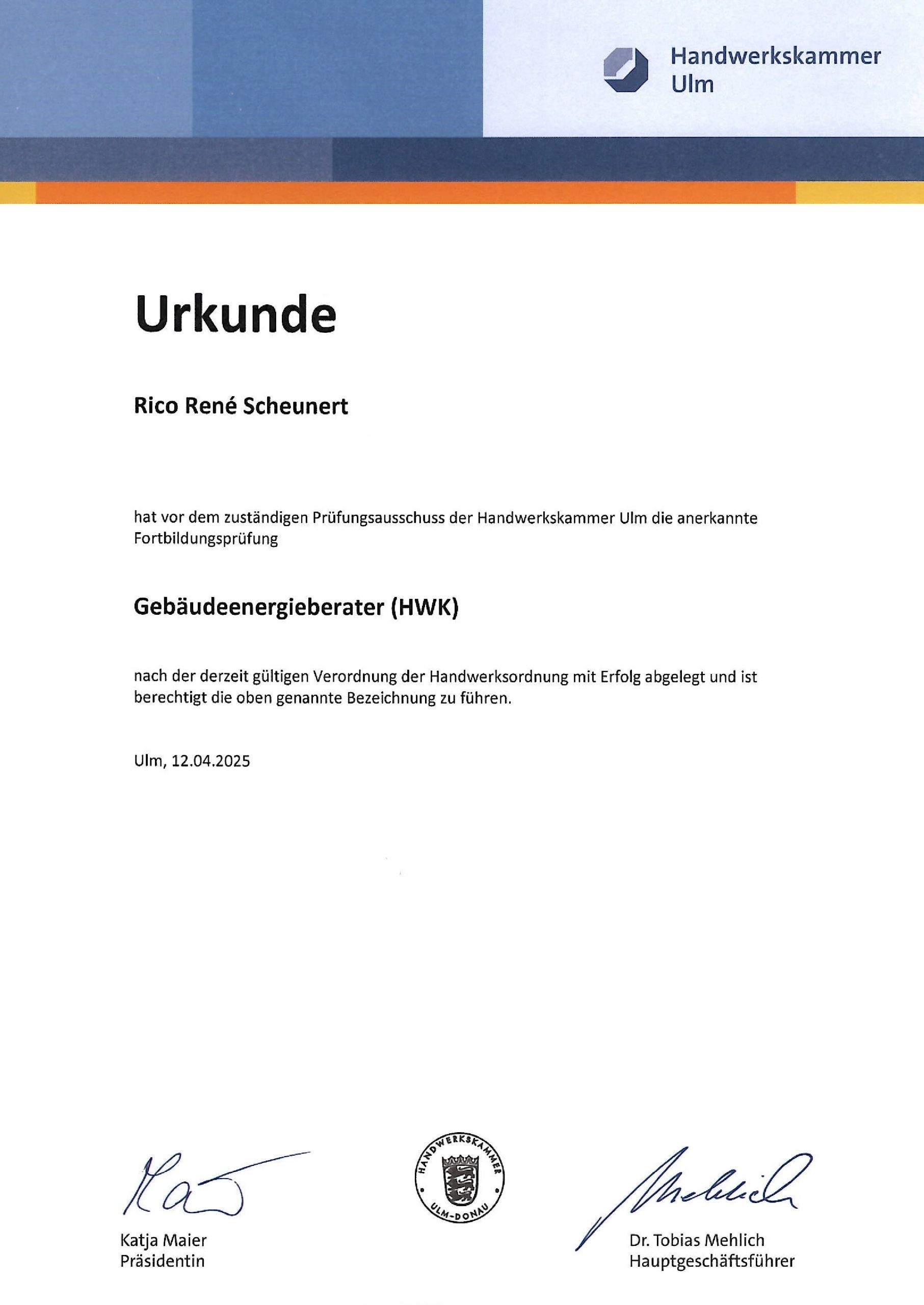 Gebäudeenergieberater-Urkunde